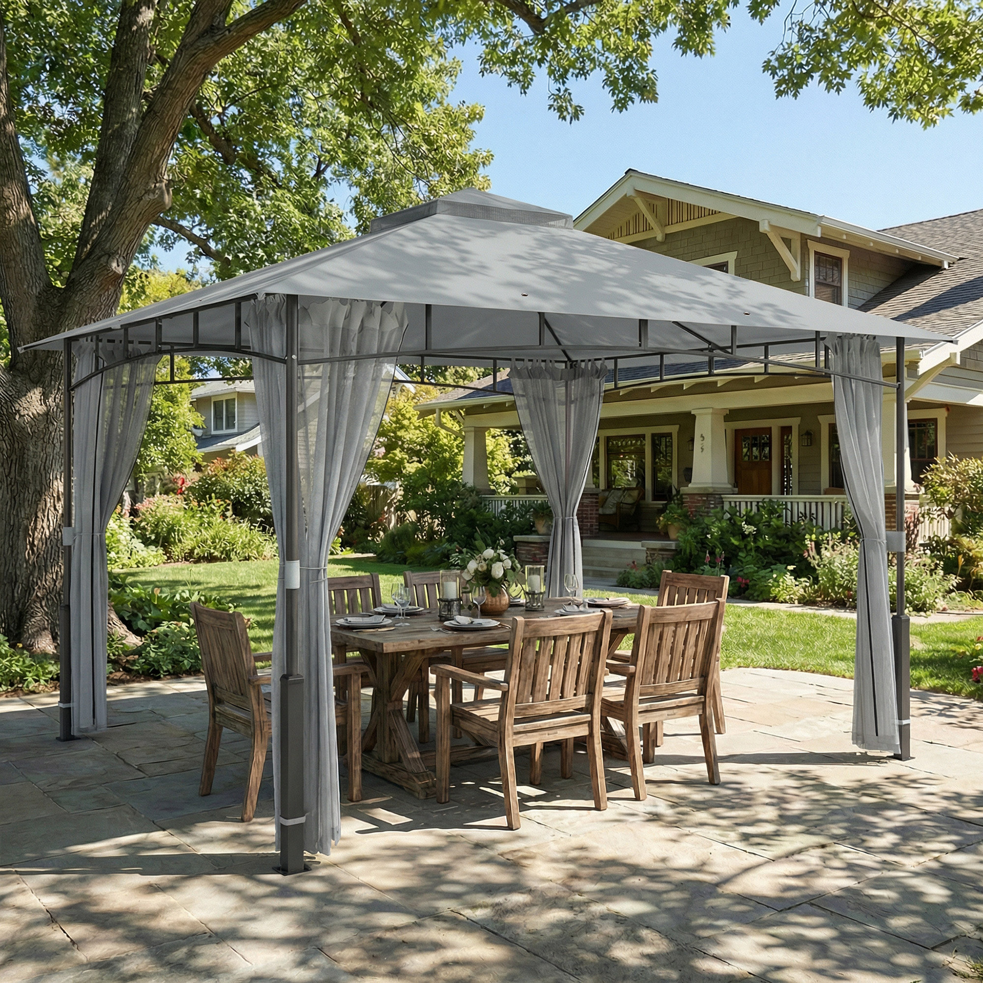 para Jardín 3x3,6 m, Pabellón de Jardín Gazebo con Doble Techo, Paredes de Malla, UPF50+, Estructura de Metal, Carpa para Exterior, Terraza, Patio, Gris