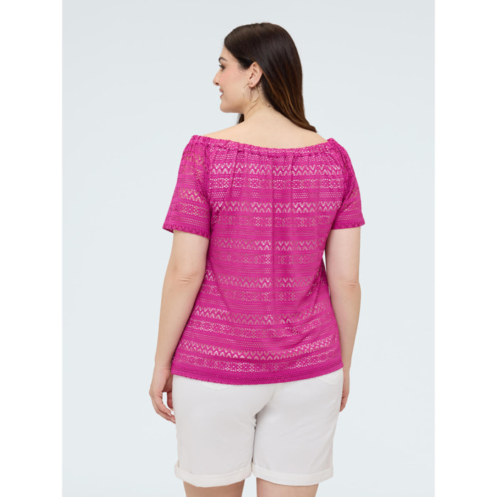 Fiorella Rubino - Camiseta de encaje a rayas con cuello barco - Fuchsia