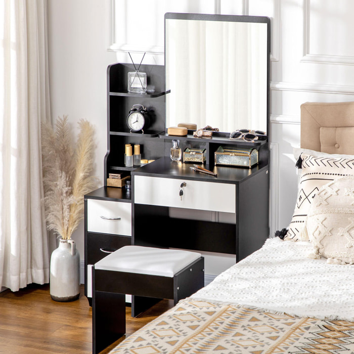 Ensemble coiffeuse tabouret design contemporain multi-rangement 4 tiroirs 4 étagères grand miroir noir blanc