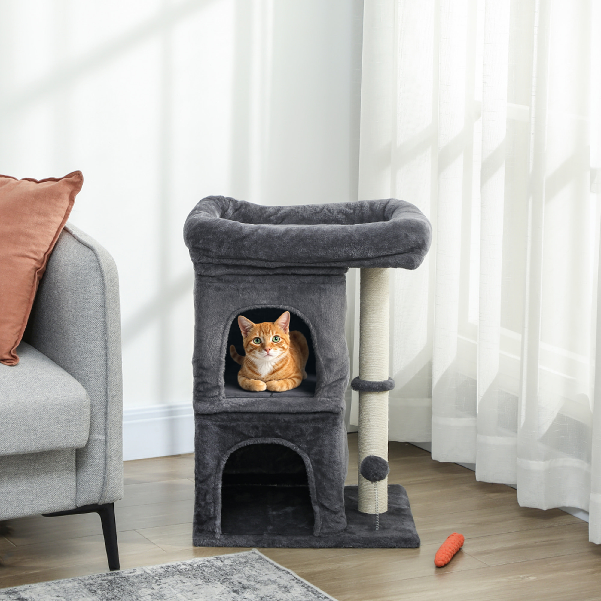 Arbre à chat griffoir 2 niches grande plateforme panier d'observation boule ressort gris