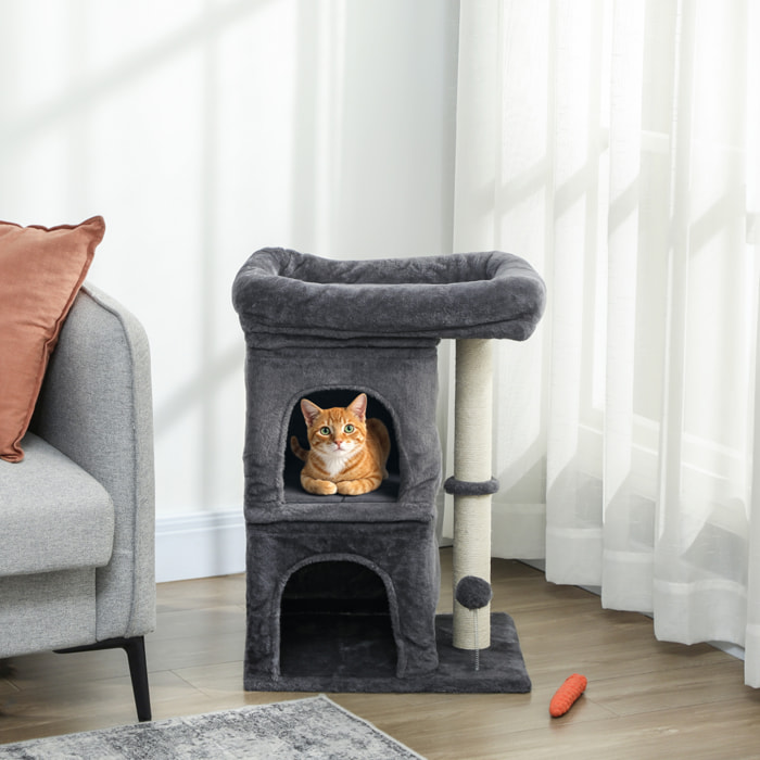 Arbre à chat griffoir 2 niches grande plateforme panier d'observation boule ressort gris