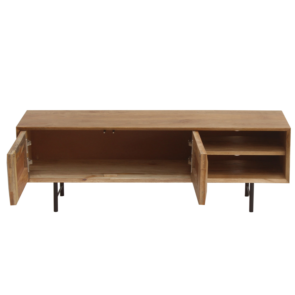 Meuble TV en bois clair manguier massif gravé et métal noir L120 cm AGRA