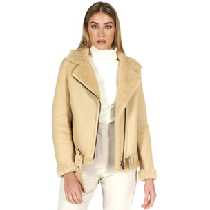 Montone shearling beige con cintura e cerniera trasversale