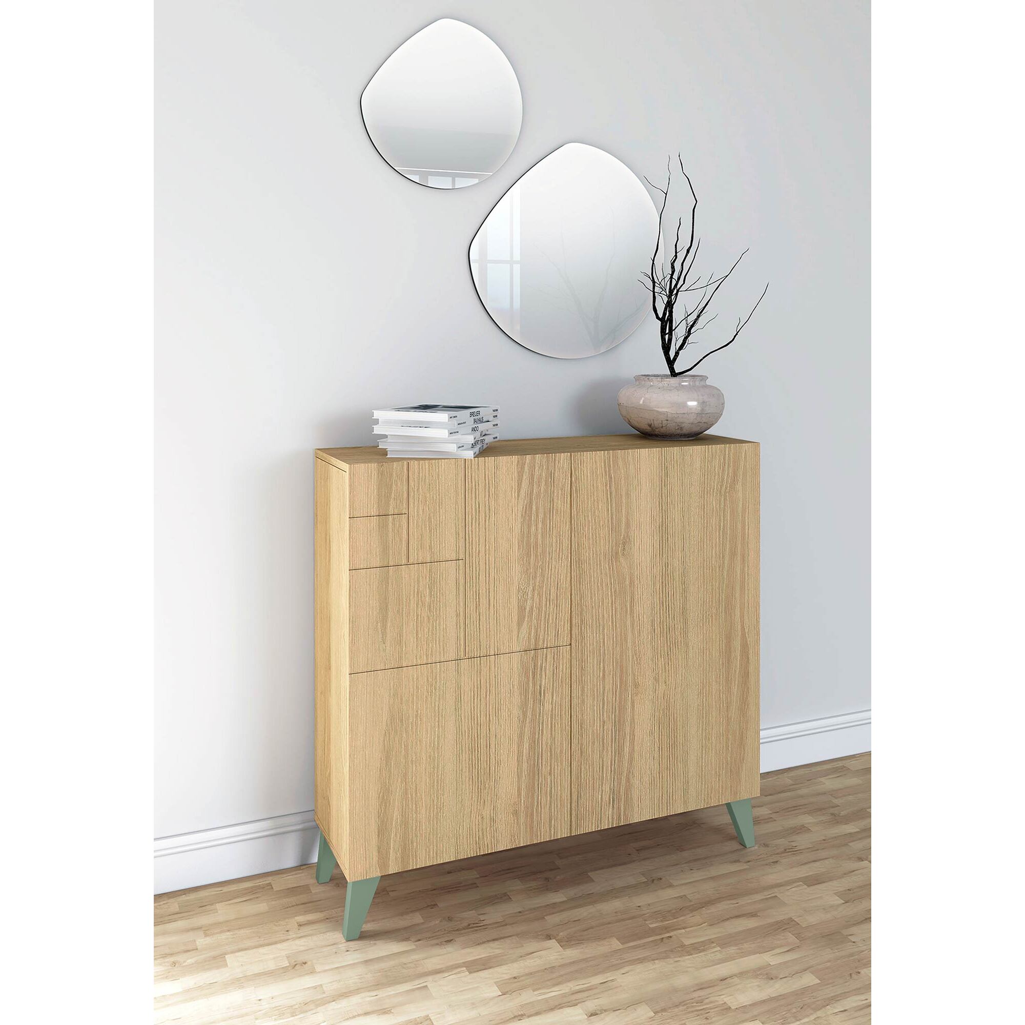 Zapatero Bergen melamina roble patas verde 87x90x27 cm