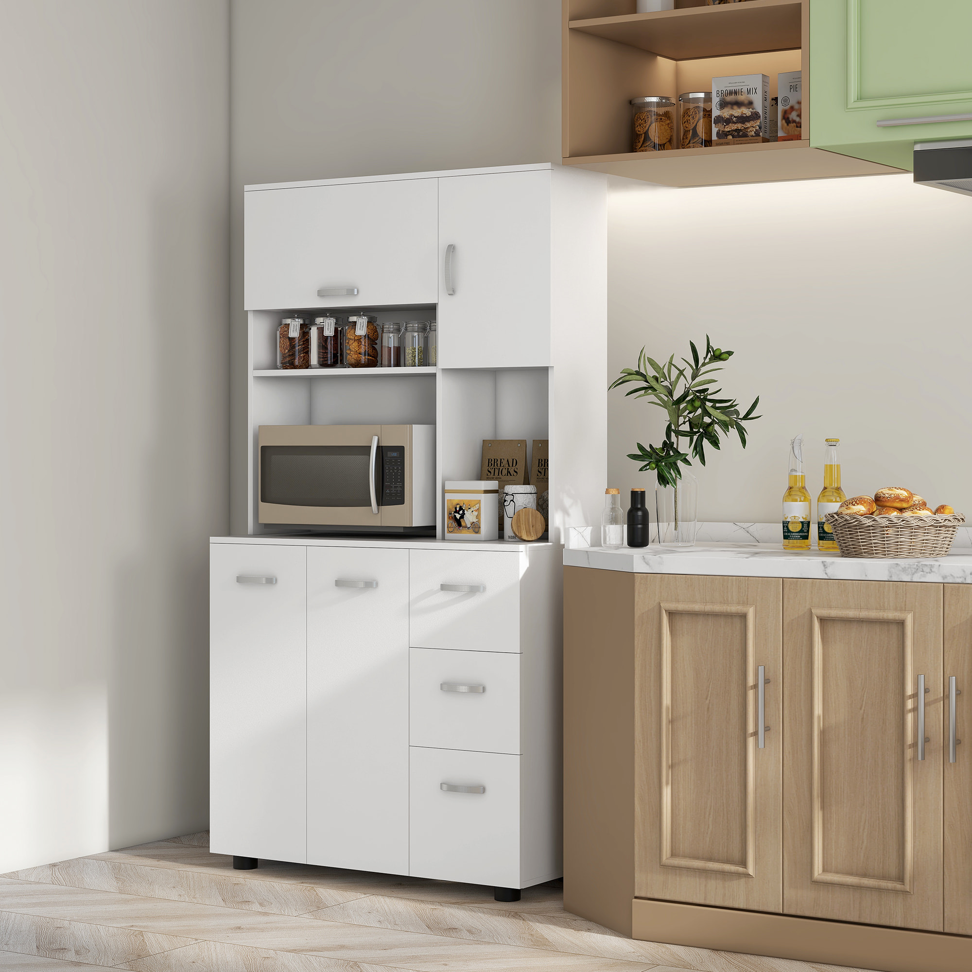 Armoire de Cuisine Buffet Multi-rangements 4 Portes 3 tiroirs étagère + Grand Plateau 89L x 39,5l x 168H cm Blanc