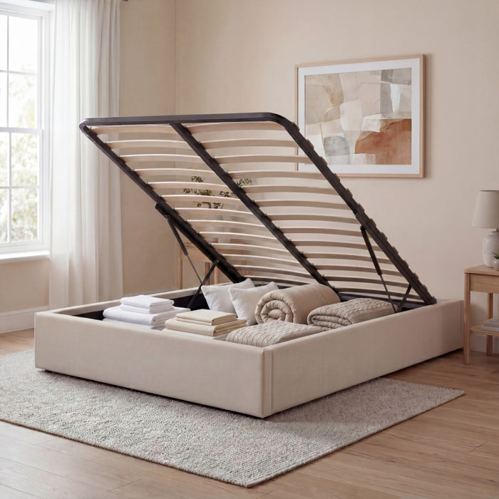 Lit Coffre Atlas en Tissu Beige, Grand espace de rangement, Sommier à Lattes actives, Structure Robuste, Design Moderne