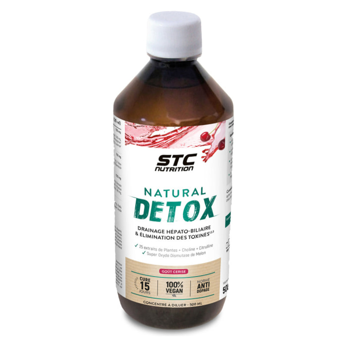 Natural Detox - Concentré à diluer à base d'extraits de plantes - Elimination des toxines - Drainage hépato-biliaire - Vegan - Cure 15j - Goût cerise - Flacon 500ml