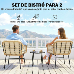 Conjunto de Jardín Exterior de 3 Piezas, Muebles Jardín Exterior de Ratán PE, 2 Sillas con Cojines Suaves y Mesa de Vidrio Templado, Resistente a la Intemperie, para Balcón, Patio, Caqui