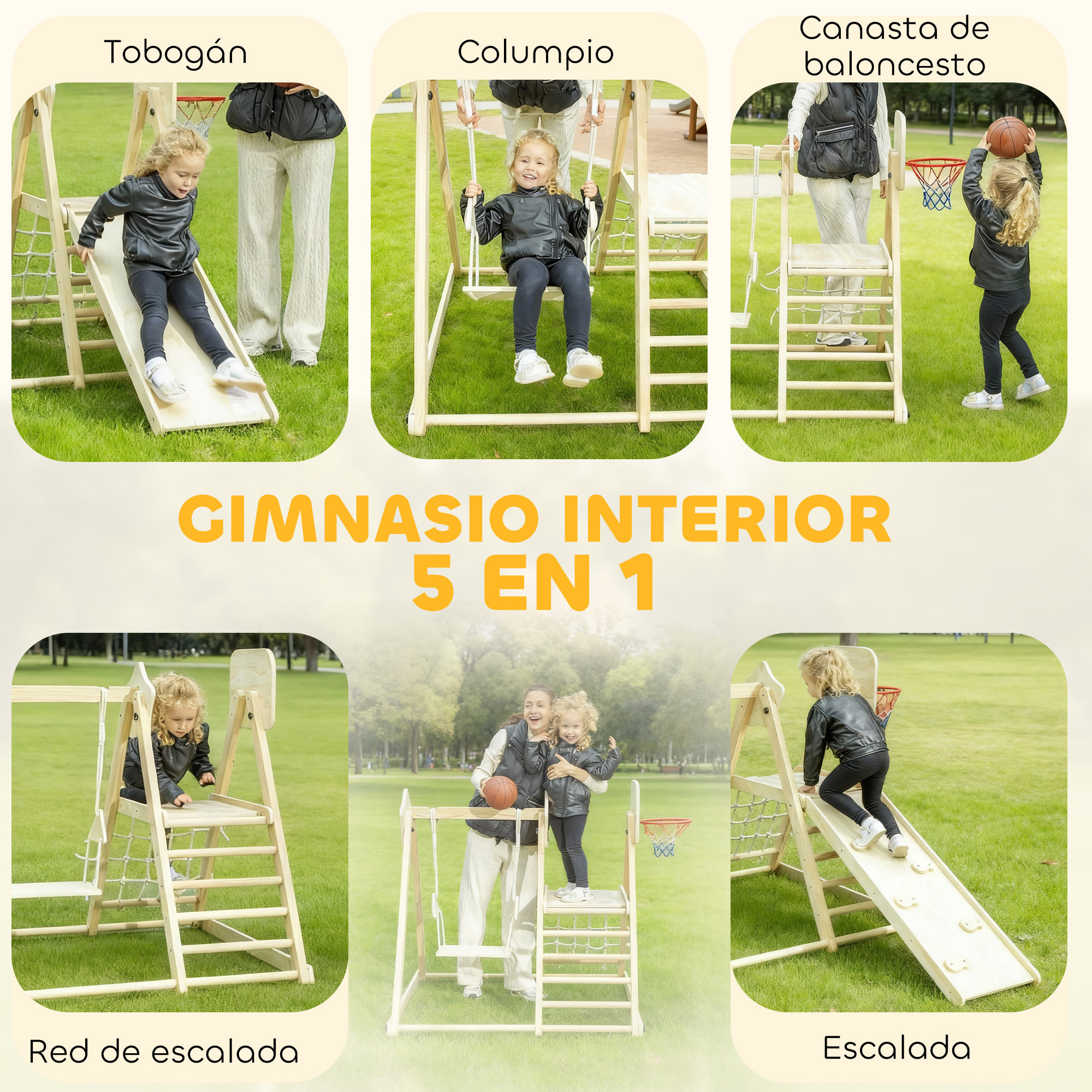 Tobogán Infantil 5 en 1, Estructura de Escalada de Madera con Tobogán, Columpio, Aro de Baloncesto, Tabla, Red de Escalada, Parque Plegable para Niños de 3-6 Años, Interior, Exterior, Natural