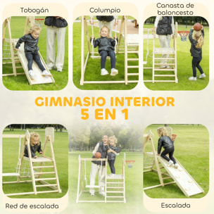 Tobogán Infantil 5 en 1, Estructura de Escalada de Madera con Tobogán, Columpio, Aro de Baloncesto, Tabla, Red de Escalada, Parque Plegable para Niños de 3-6 Años, Interior, Exterior, Natural
