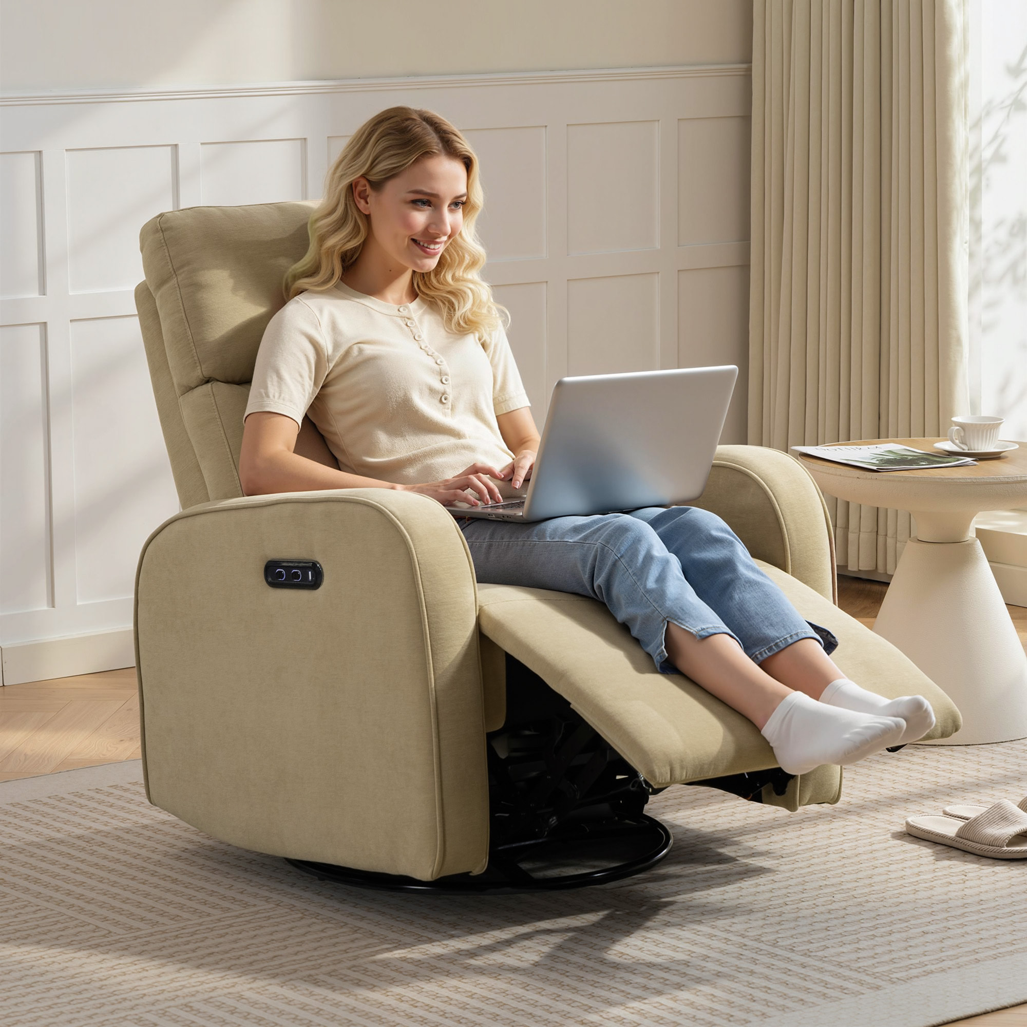Sillón Relax Reclinable Eléctrico con Doble Motor, Sillón Reclinable de Chenilla Giratorio y Balancín con Reposacabezas Ajustable, Puertos USB y USB-C, Reposapiés, Botones Iluminados, Beige