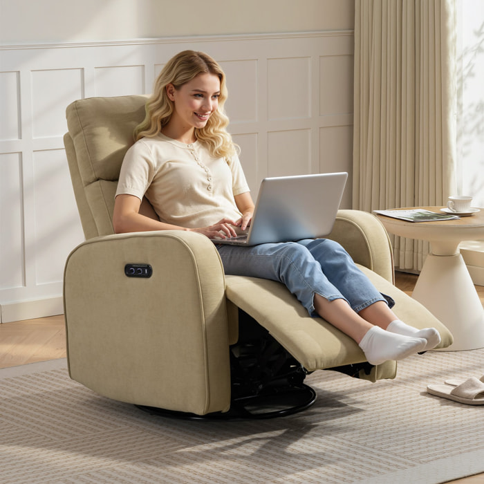 Sillón Relax Reclinable Eléctrico con Doble Motor, Sillón Reclinable de Chenilla Giratorio y Balancín con Reposacabezas Ajustable, Puertos USB y USB-C, Reposapiés, Botones Iluminados, Beige