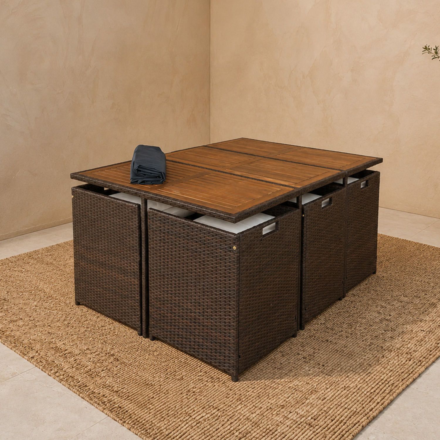 Salon de jardin 10 pl en résine marron et coussins beige + housse CASCO