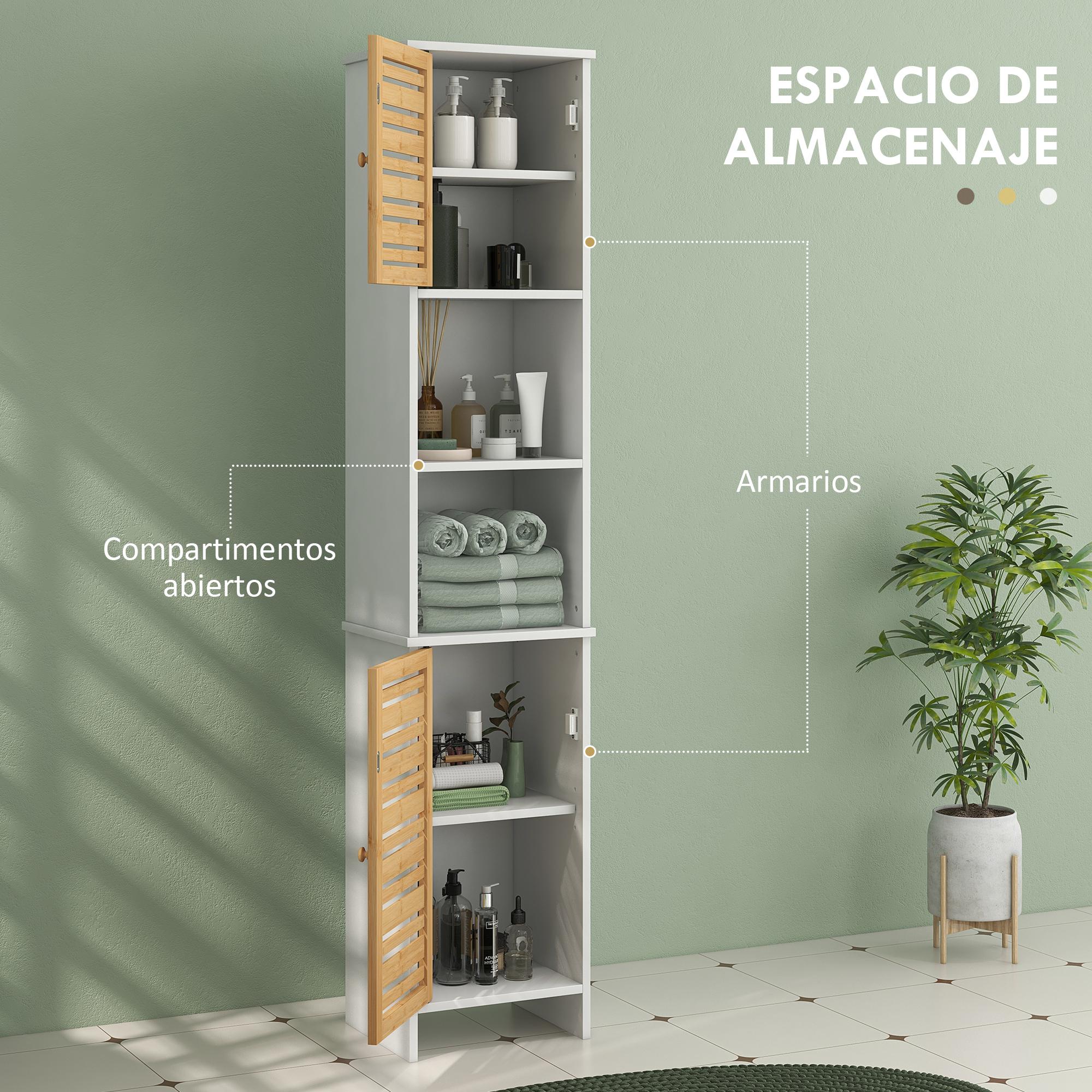 Columna de Baño Moderna Mueble Auxiliar de Baño Armario de Baño con Estantes Ajustables y Puertas de Bambú Anti-vuelco 35x30x170 cm Blanco y Natural