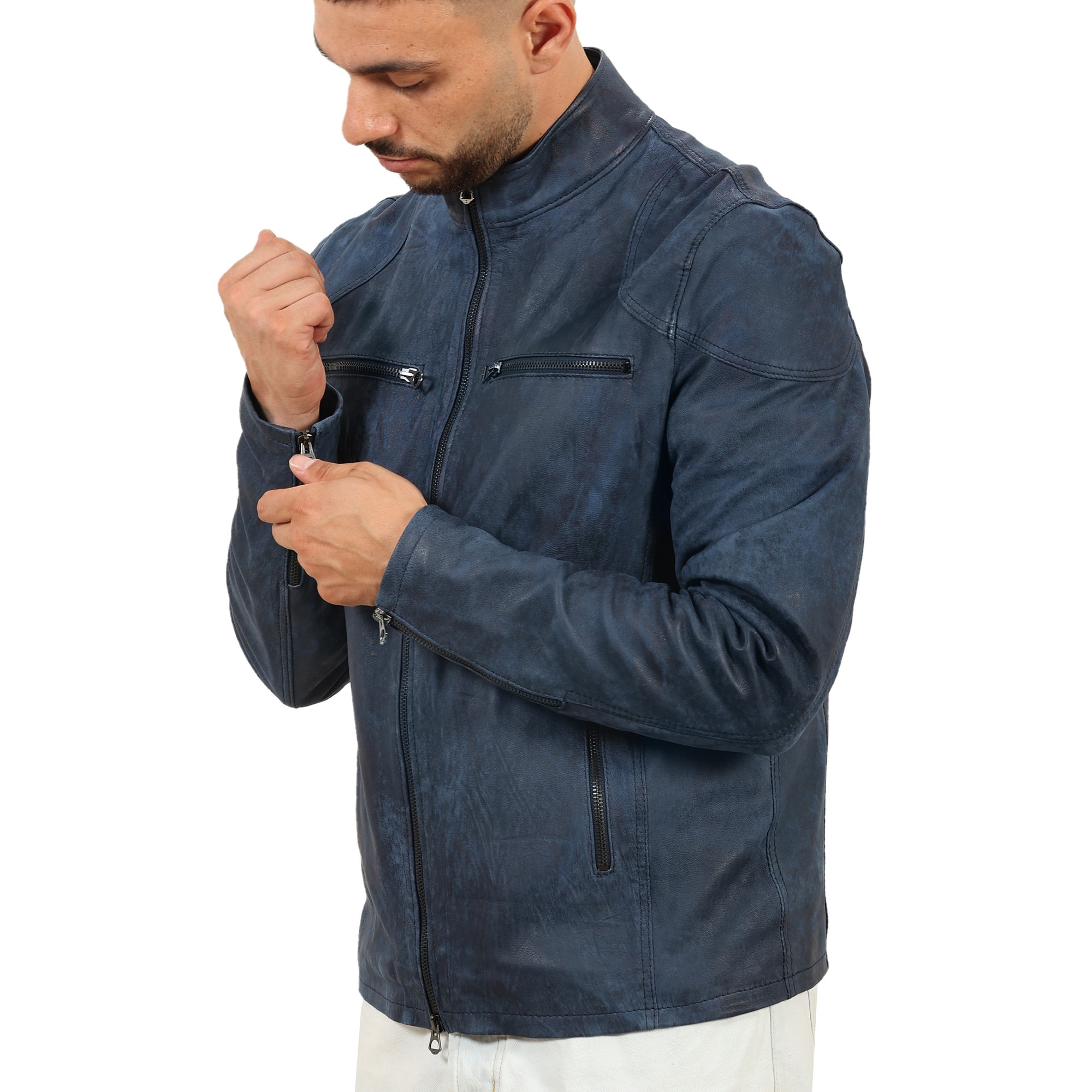 Giubbino in pelle di vitello rifinizione dakota blu jeans