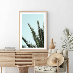 Poster palme bleue Affiche + cadre en bois - Chêne