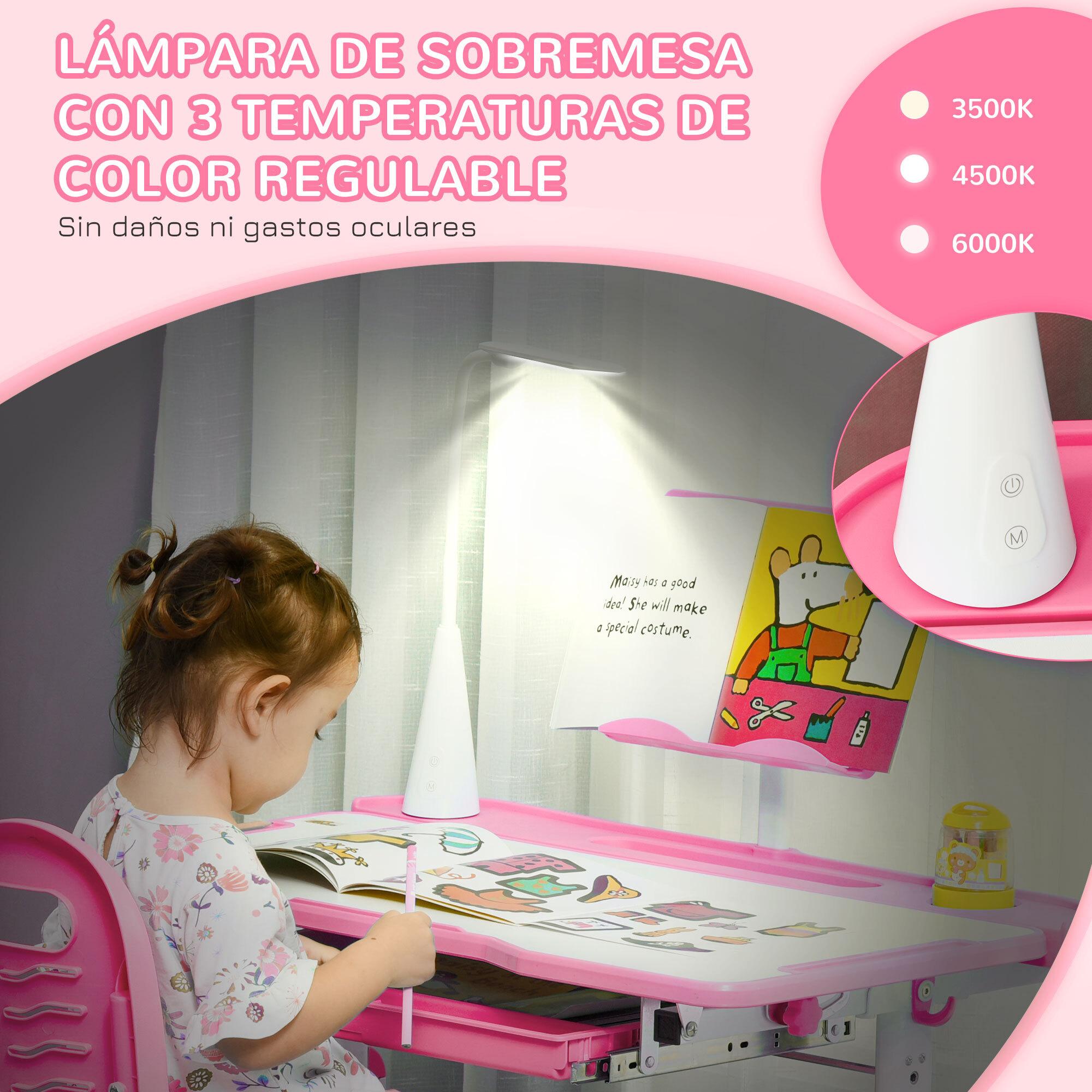 Juego de Escritorio y Silla para Niños de +6 Años Pupitre Infantil con Altura Ajustable Mesa Inclinable Cajón Lámpara LED y Portalápices 80x49,5x82-104 cm y 35,5x43,5x63-73 cm Rosa