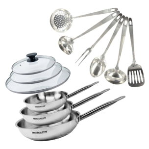 Set de 3 poêles 20, 24 et 28 cm en inox, 3 couvercles verre et 6 ustensiles inox Fackelmann Eterna