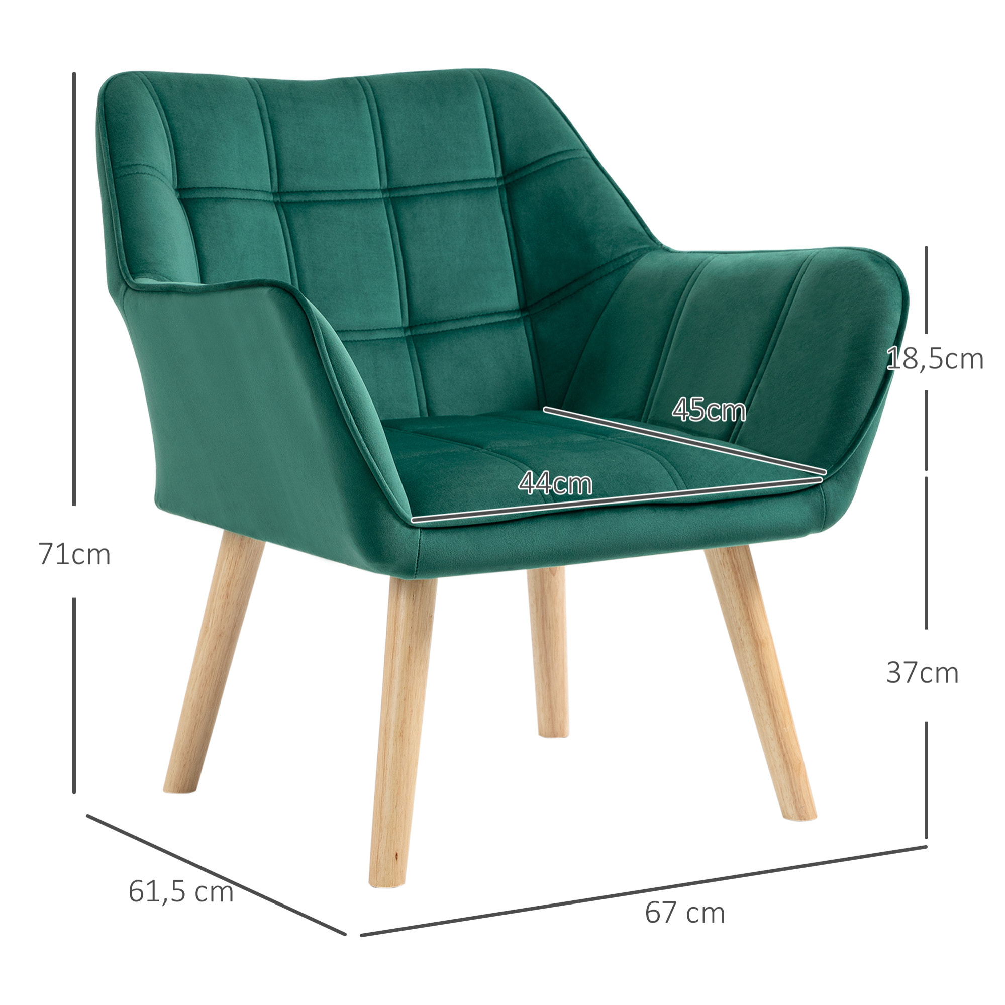 Butaca de Salón Moderna, Sillón Lectura Tapizado en Terciopelo con Asiento Ancho, Patas de Madera, Fácil Montaje, Sillón Relax para Sala de Estar, Dormitorio y Balcón, Verde