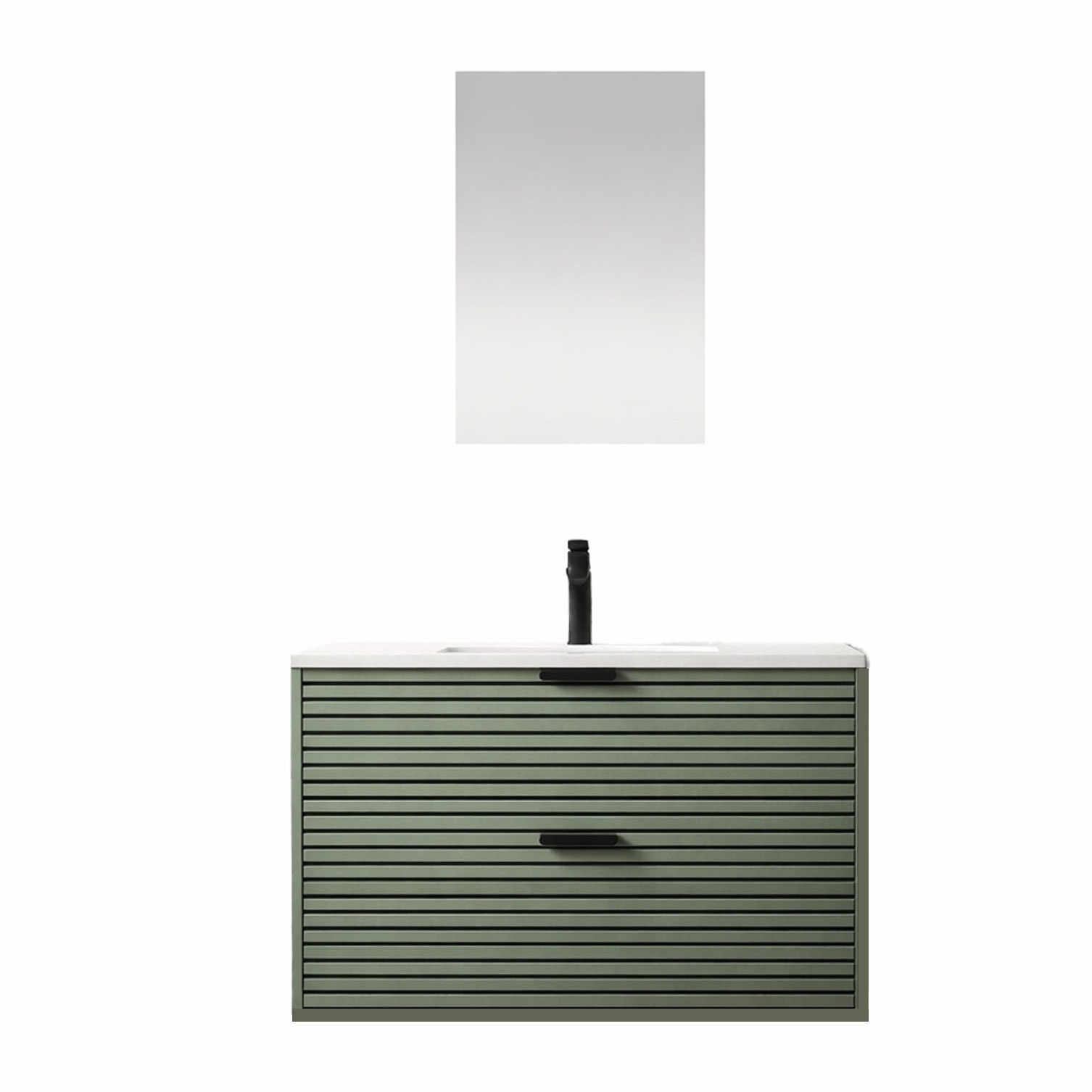 Meuble Salle de Bain Cranté Vert et Noir 80cm - 2 Tiroirs, Vasque et Miroir - MALO