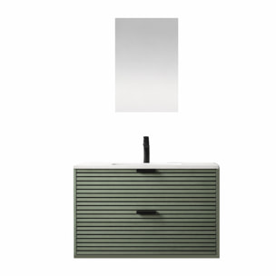 Meuble Salle de Bain Cranté Vert et Noir 80cm - 2 Tiroirs, Vasque et Miroir - MALO