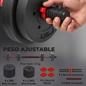 Juego de Mancuernas Ajustables, 2 en 1, 15kg, Juego de Pesas con Barra de Conexión y Mango Antideslizante, Pesas y Mancuernas para Hombres y Mujeres, Ejercicio de Fitness, Casa Gimnasio