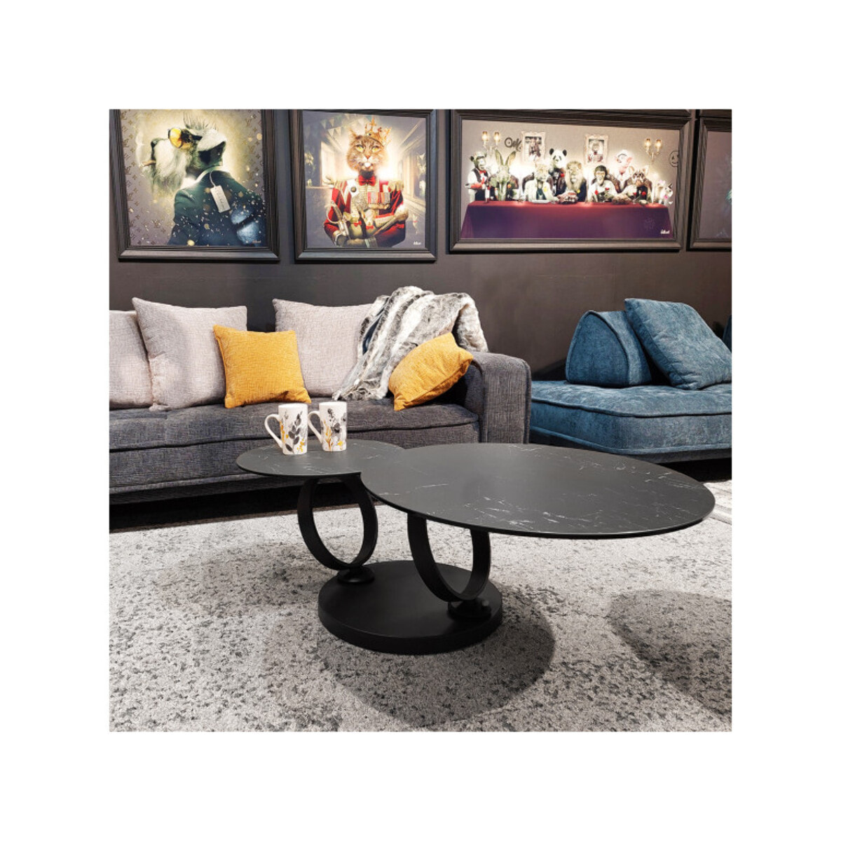 Table basse ronde plateaux en céramique marbré et pieds métal noir - URSULE