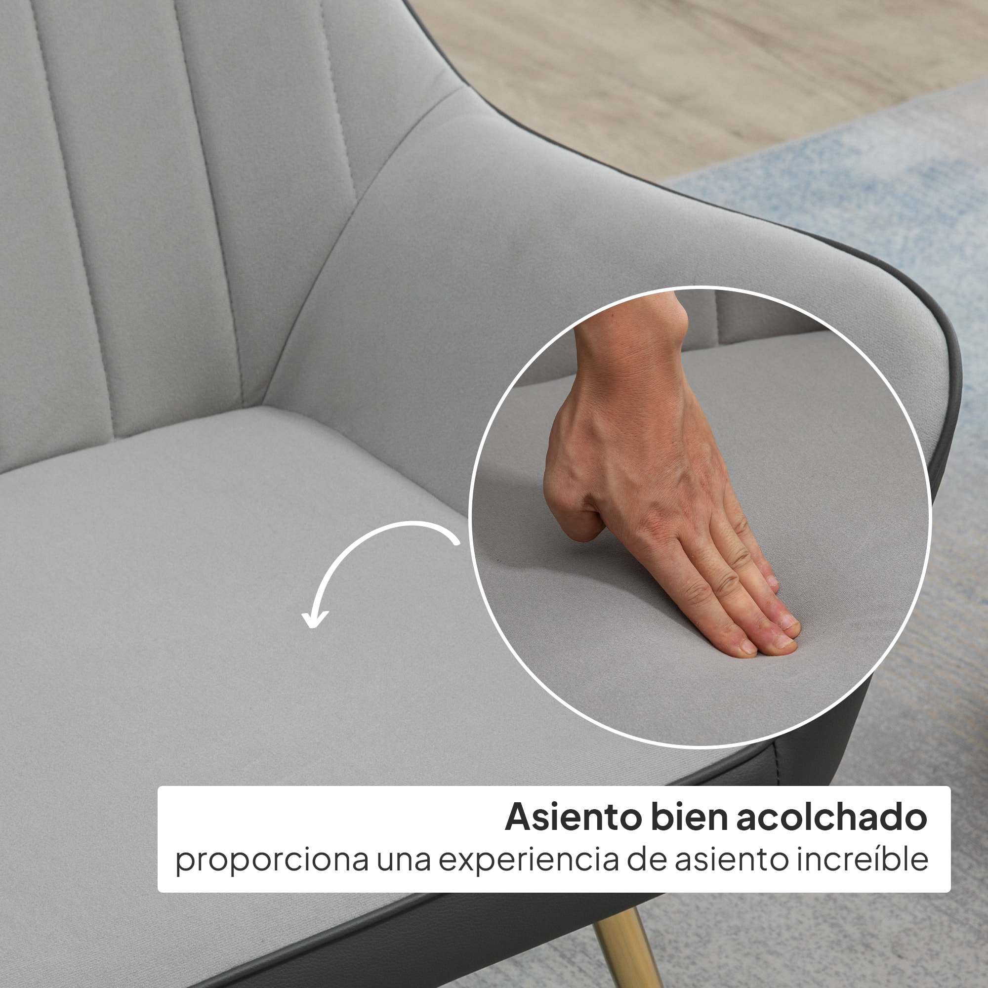 Butaca de Salón Sillón de Salón Tapizado en Cuero Sintético y Terciopelo con Reposabrazos Patas Doradas y Marco de Acero Butaca para Dormitorio Sala de Estar Carga 120 kg Gris