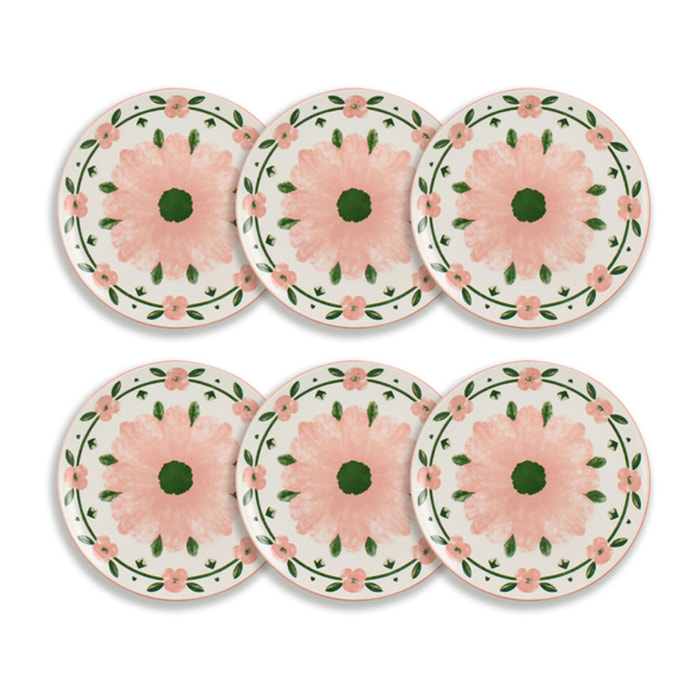Lot de 6 assiettes plates 27cm en porcelaine blanc et rose floral PRIMAVERA