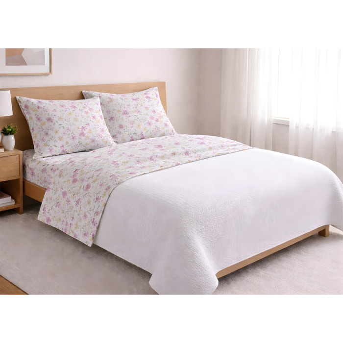 Completo Lenzuola 100% Cotone Made in Italy Fantasia Floreale Disegno Primavera Rosa