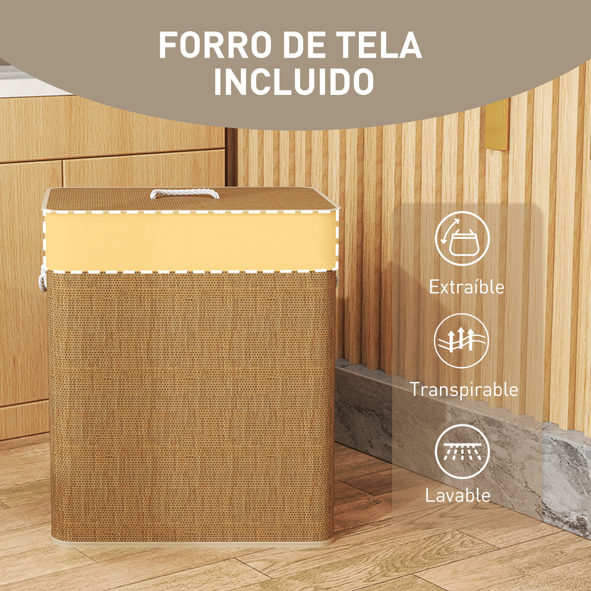 Cesto de Ropa Sucia con Tapa 100L Cesta Colada de Bambú con 2 Compartimentos Bolsa Interior Extraíble para Lavandería Dormitorio 52x32x63 cm Marrón