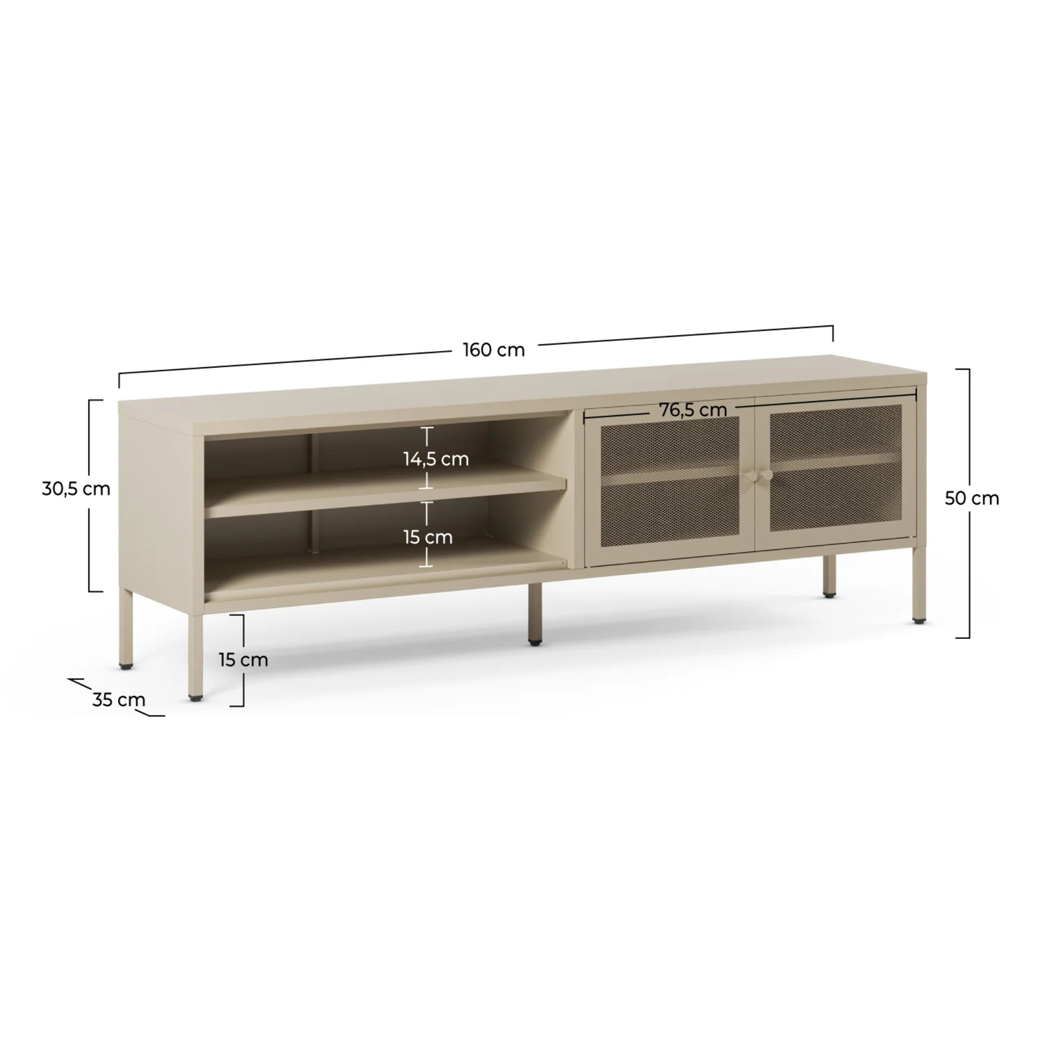 Meuble TV en métal beige 2 portes, 160 cm - Latem