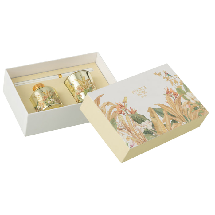 J-Line bougie parfumée + bâtonnets parfumés Walk In The Woods - Bergamot Fig - verre - jaune - set cadeau