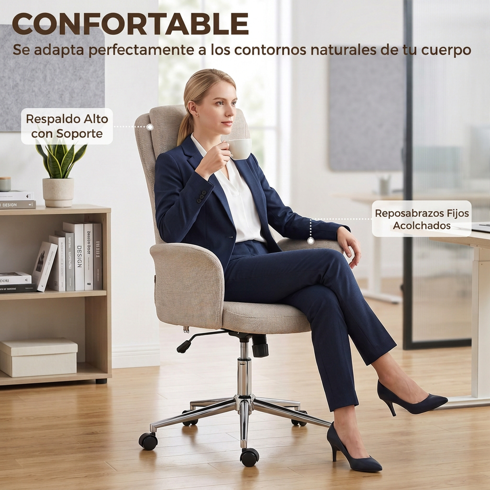 HOMCOM Silla de Escritorio Giratoria Tapizada en Chenilla, Silla de Oficina con Respaldo Alto, Función de Balanceo, Altura Ajustable, Reposabrazos Acolchados y Ruedas de PU, Beige