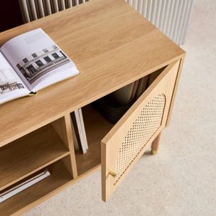 Meuble TV décor bois et cannage 2 portes teinte naturelle 140 x 40 x 60 cm - Judith