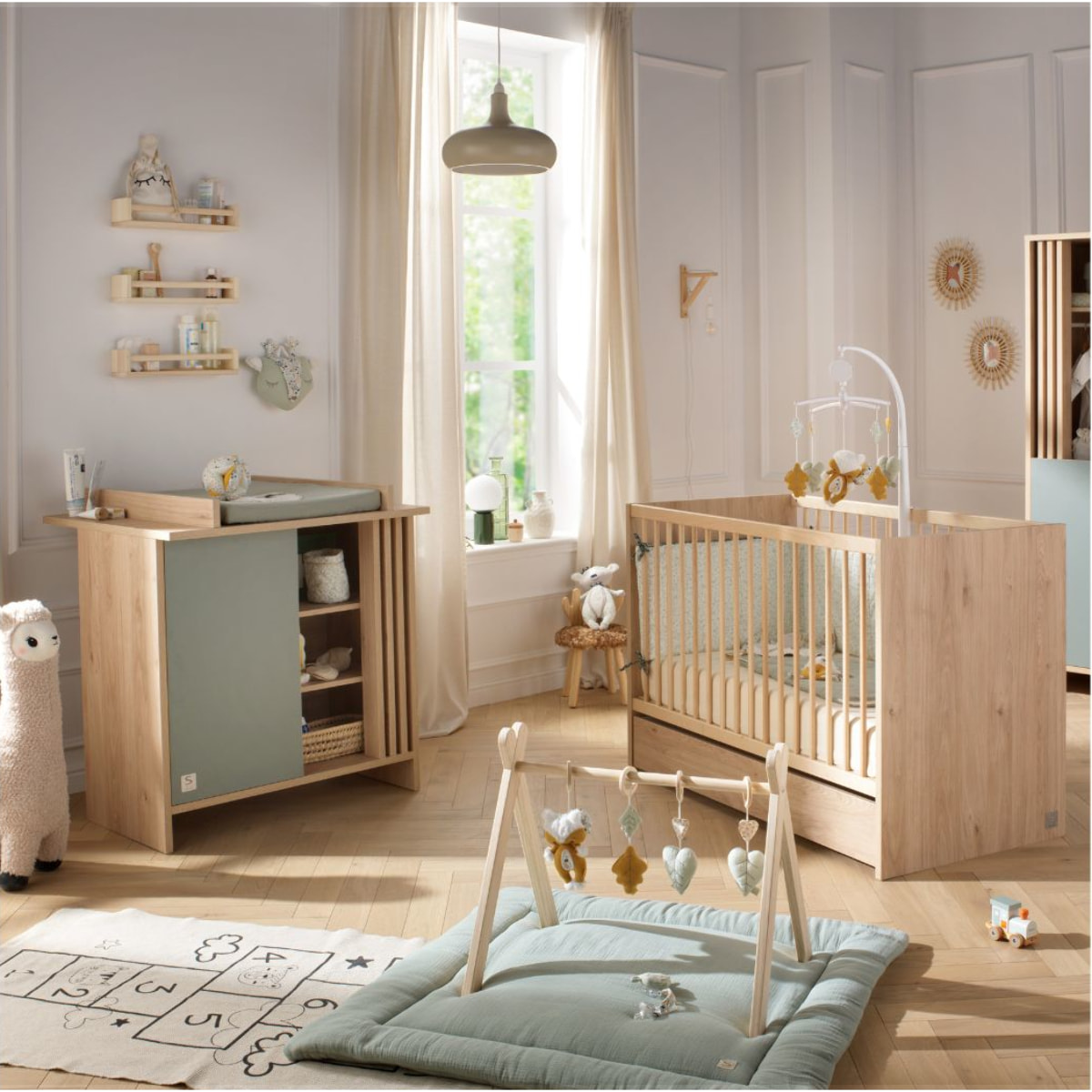 Chambre bébé complète Tokyo, Lit 120x60 et Commode à langer claustra - Chêne suave