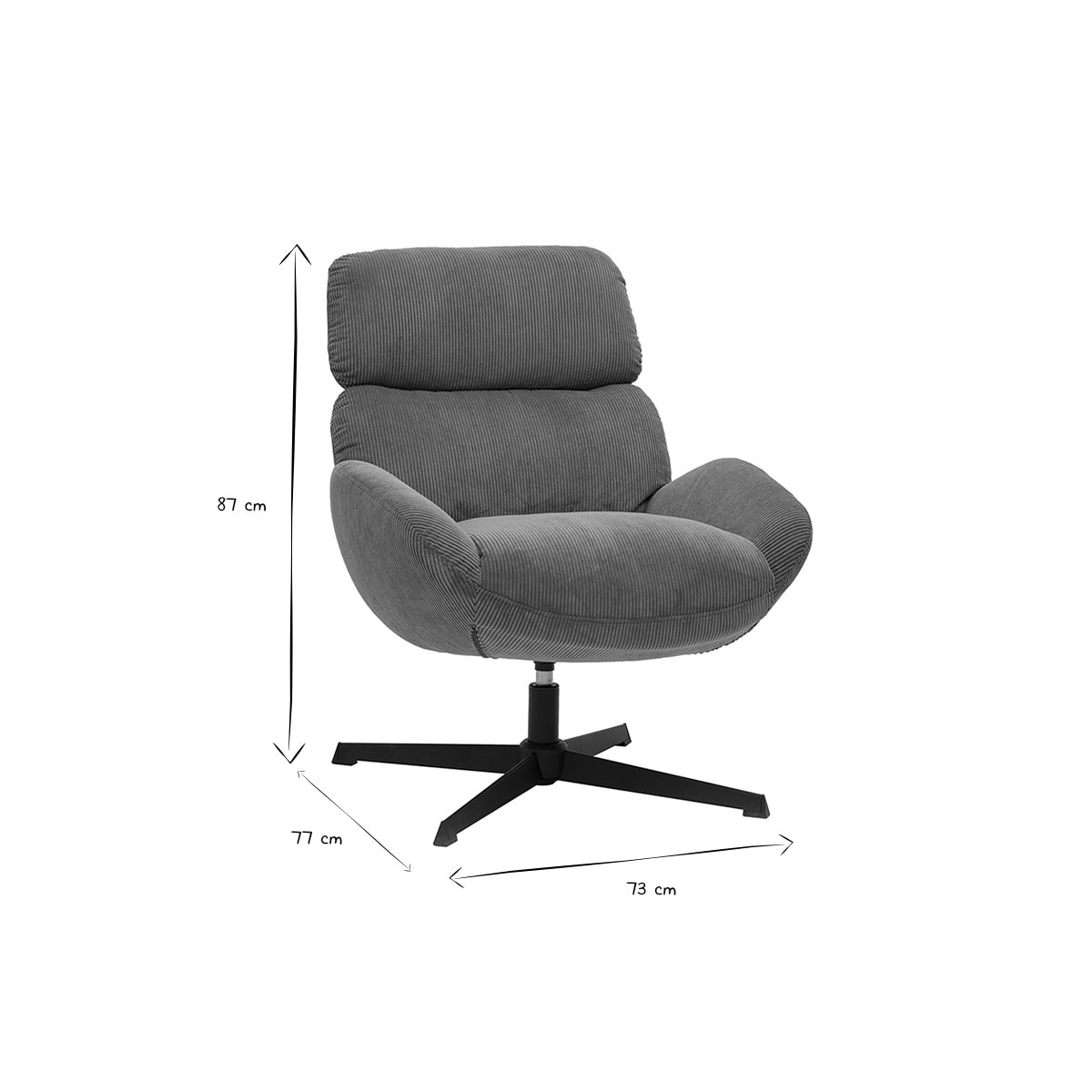 Fauteuil pivotant en tissu velours côtelé vert kaki et métal noir KLEM