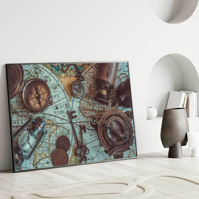 Affiche encadrée Scène vintage sur carte du monde ancienne Affiche + cadre en métal - Noir