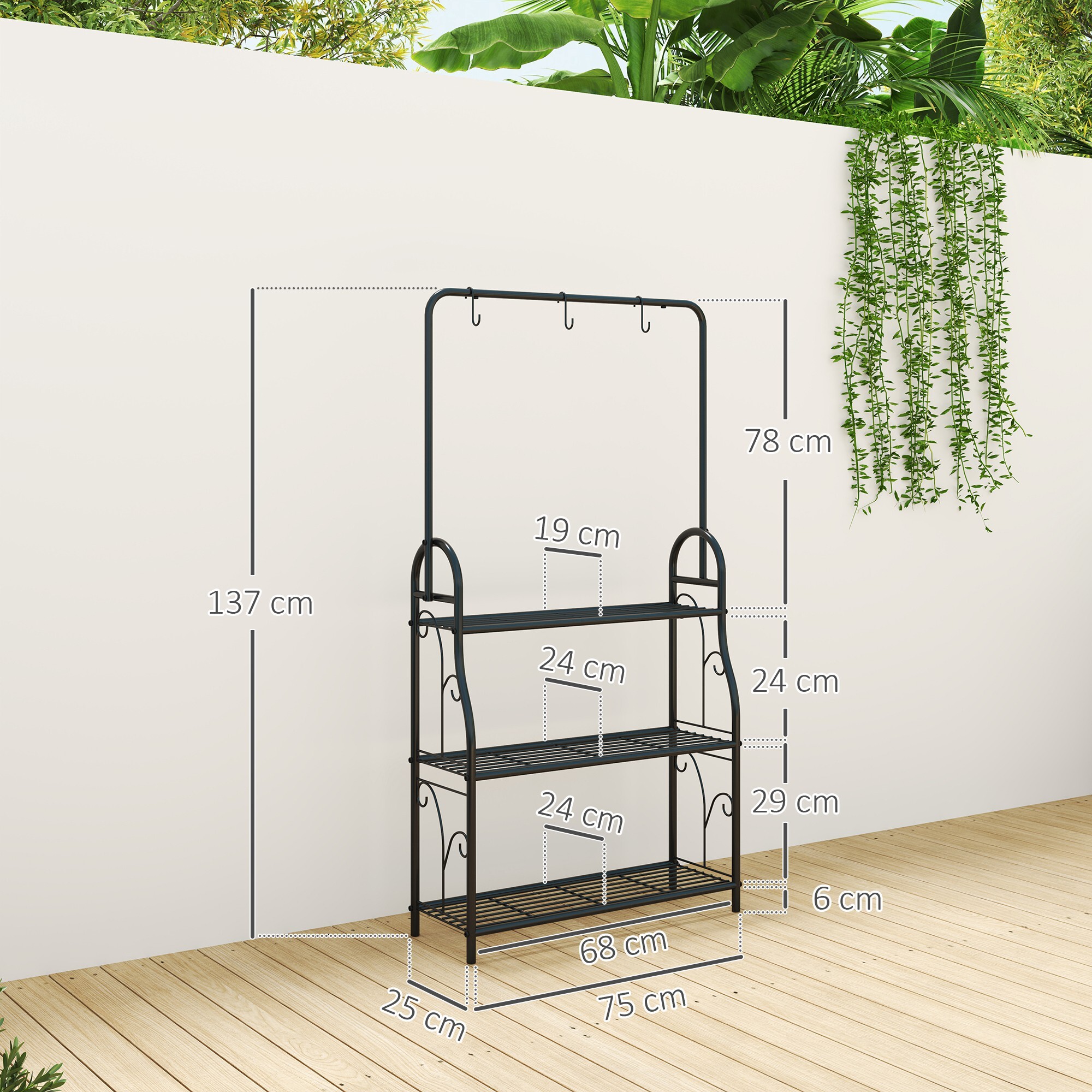 Estantería para Plantas de 3 Niveles Soporte para Plantas con Ganchos de Metal Barra para Colgar Soporte para Macetas para Interior y Exterior Negro