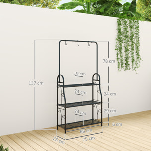 Estantería para Plantas de 3 Niveles Soporte para Plantas con Ganchos de Metal Barra para Colgar Soporte para Macetas para Interior y Exterior Negro