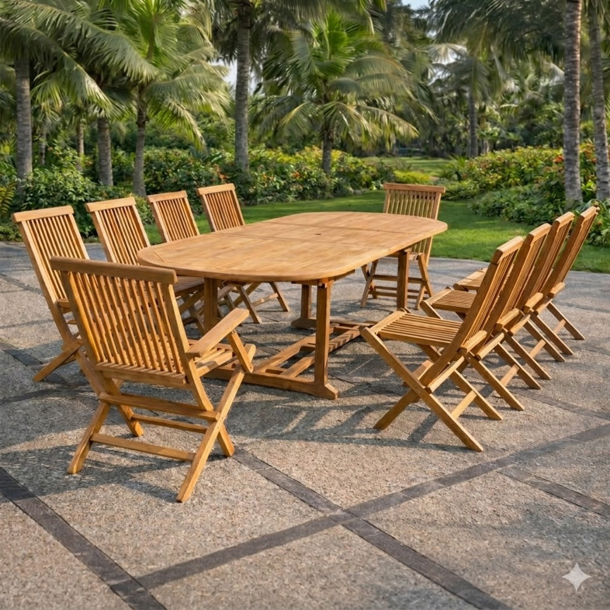 Salon de jardin Teck 12 places Table ovale 8 chaises 2 fauteuils ADAGNA