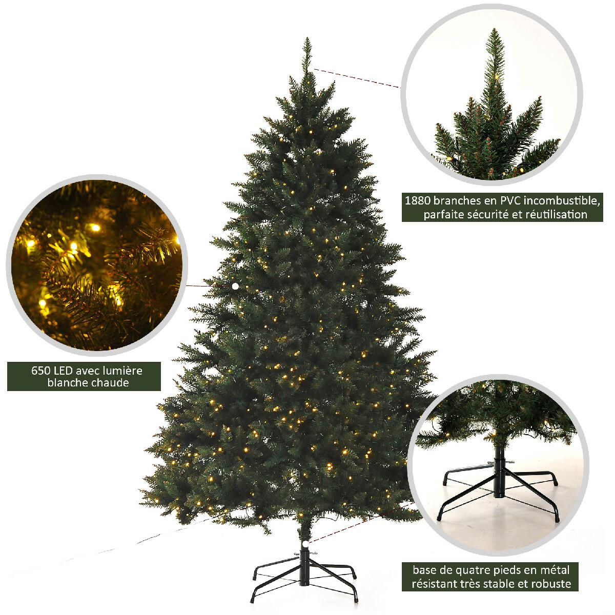 Sapin de Noël artificiel lumineux LED x 650 blanc chaud + support pied Ø 127 x 200H cm 1880 branches vert