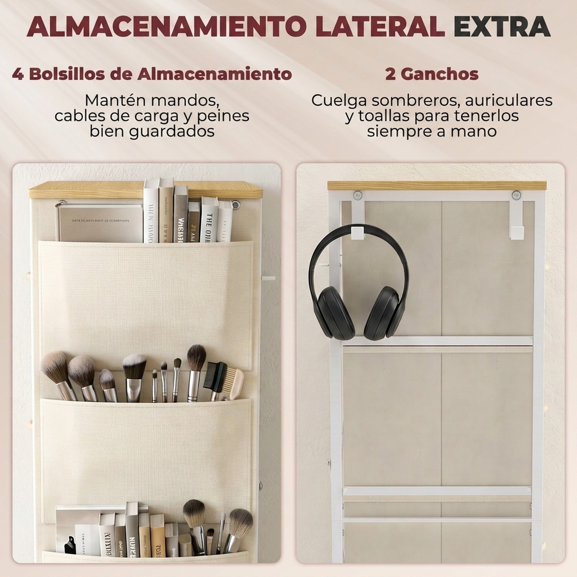 Cajonera de Tela Alta Cómoda con 8 Cajones 4 Bolsillos Laterales 2 Ganchos y Estructura de Acero Cómoda para Dormitorio Sala de Estar Pasillo Beige
