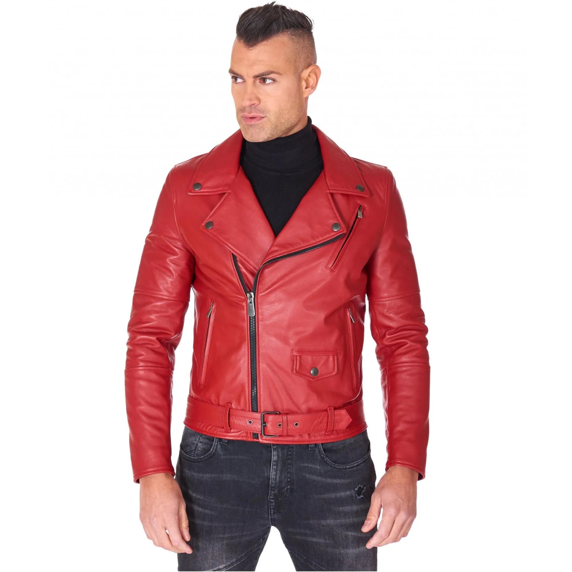 Chiodo biker in pelle rossa con cintura effetto liscio