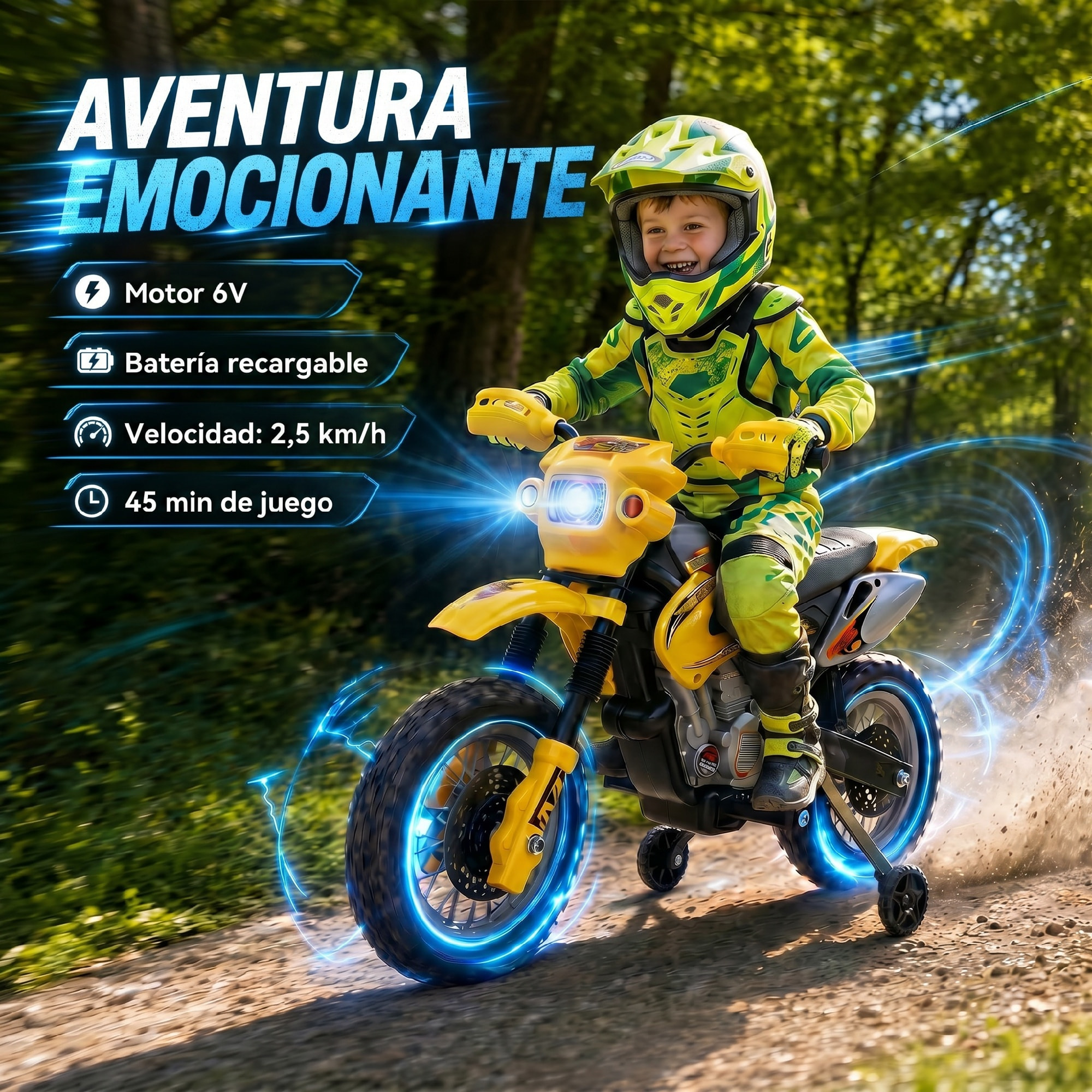 HOMCOM Moto Eléctrica para Niños, Moto Eléctrica Infantil con Ruedas de Apoyo Desmontables, Faros, Música, Regalo para Niños 3-6 Años, Amarillo