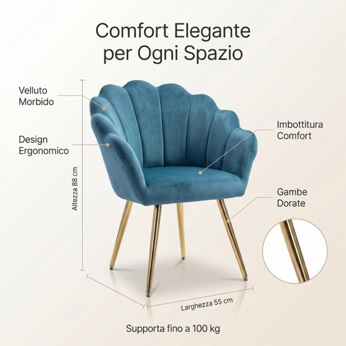 Poltrona in velluto design a conchiglia elegante e moderna, seduta imbottita confortevole con base in legno e gambe in metallo dorato, poltroncina versatile per soggiorno, camera o ufficio, stabile e resistente fino a 100 kg, stile raffinato e decorativo