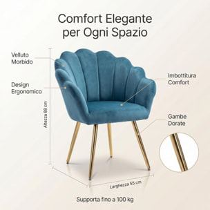 Poltrona in velluto design a conchiglia elegante e moderna, seduta imbottita confortevole con base in legno e gambe in metallo dorato, poltroncina versatile per soggiorno, camera o ufficio, stabile e resistente fino a 100 kg, stile raffinato e decorativo