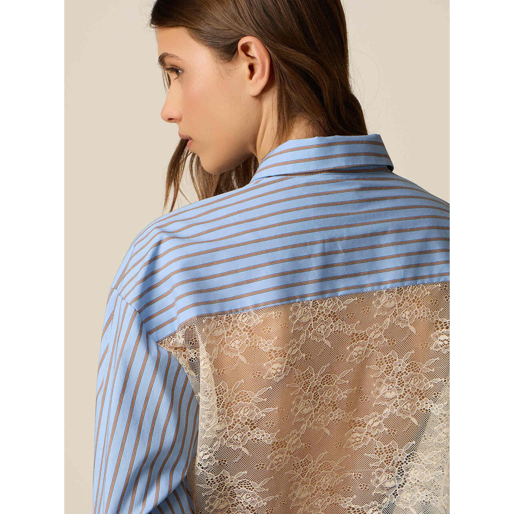 Oltre - Camisa de rayas con insertos de encaje - Light - blue