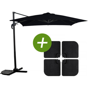 Parasol jardin déporté "Soleil" - Carré - 2.5 x 2.5 m - Noir + Dalles à lester incluses