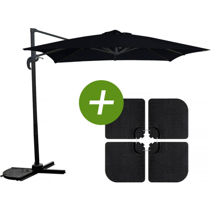 Parasol jardin déporté "Soleil" - Carré - 2.5 x 2.5 m - Noir + Dalles à lester incluses